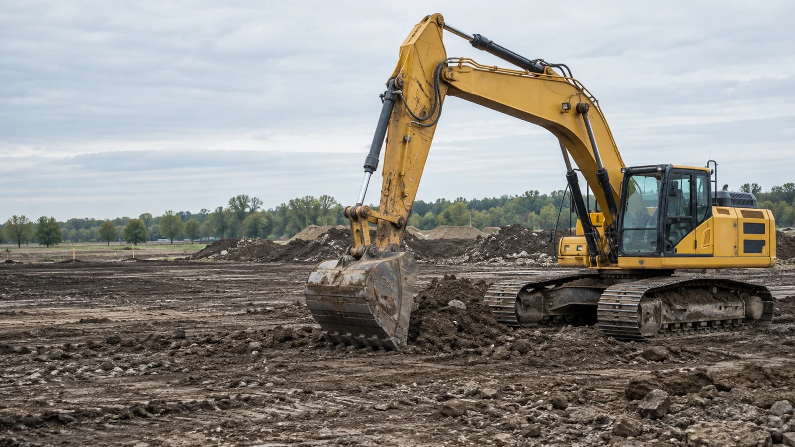 Illustrative scene of a tracked excavator at an earthwork site